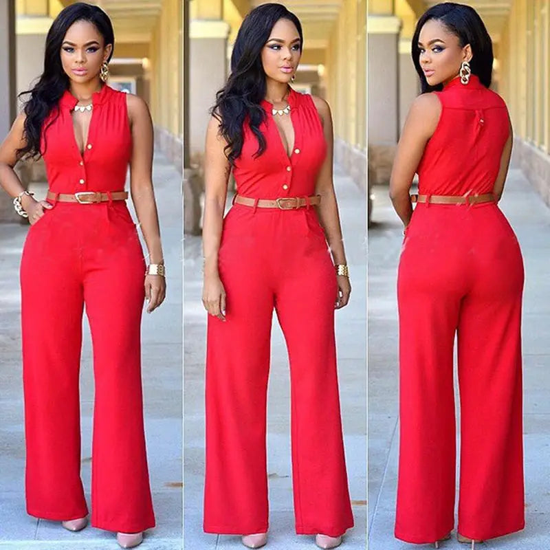 Mono Rojo para Mujer con Cuello en V y Pierna Ancha – Elegante, Sexy y Sofisticado