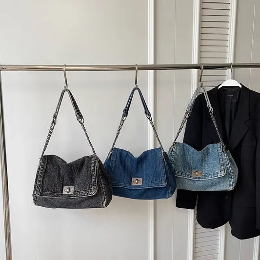 Bolso Vaquero de Hombro para Mujer – Estilo Vintage con Cadena Metálica