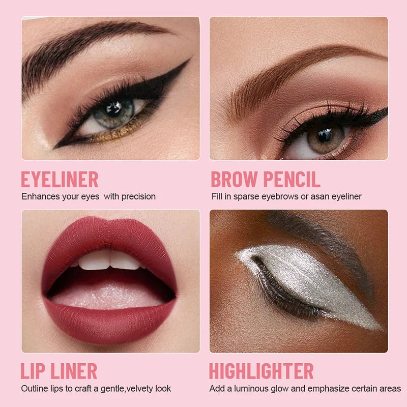 Pluma de Maquillaje 4 en 1 – Delineador de Ojos, Cejas, Iluminador y Perfilador de Labios | Todo en Uno y Portátil