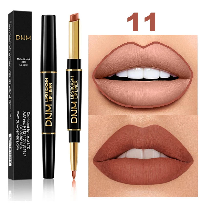 Lápiz Labial Mate 2 en 1 con Delineador – Doble Punta, Larga Duración e Impermeable | Set de 12 Colores DNM