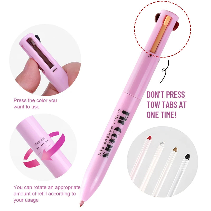 Pluma de Maquillaje 4 en 1 – Delineador de Ojos, Cejas, Iluminador y Perfilador de Labios | Todo en Uno y Portátil