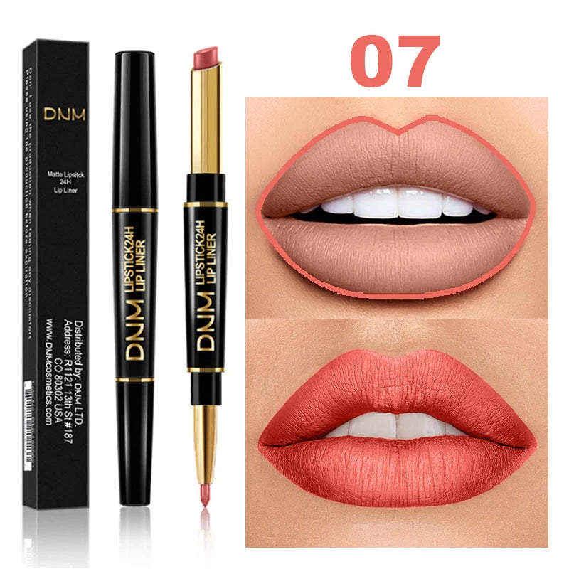 Lápiz Labial Mate 2 en 1 con Delineador – Doble Punta, Larga Duración e Impermeable | Set de 12 Colores DNM