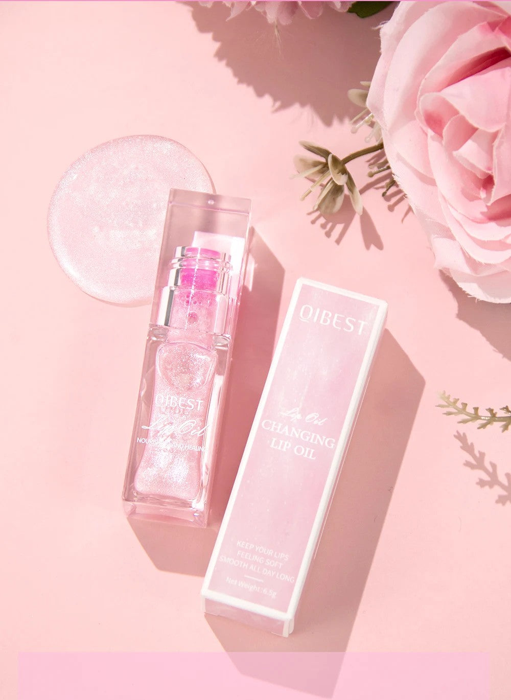 Aceite Labial Mágico QIBEST Cambia de Color – Brillo Hidratante, Bálsamo Transparente, Efecto Brillante e Impermeable