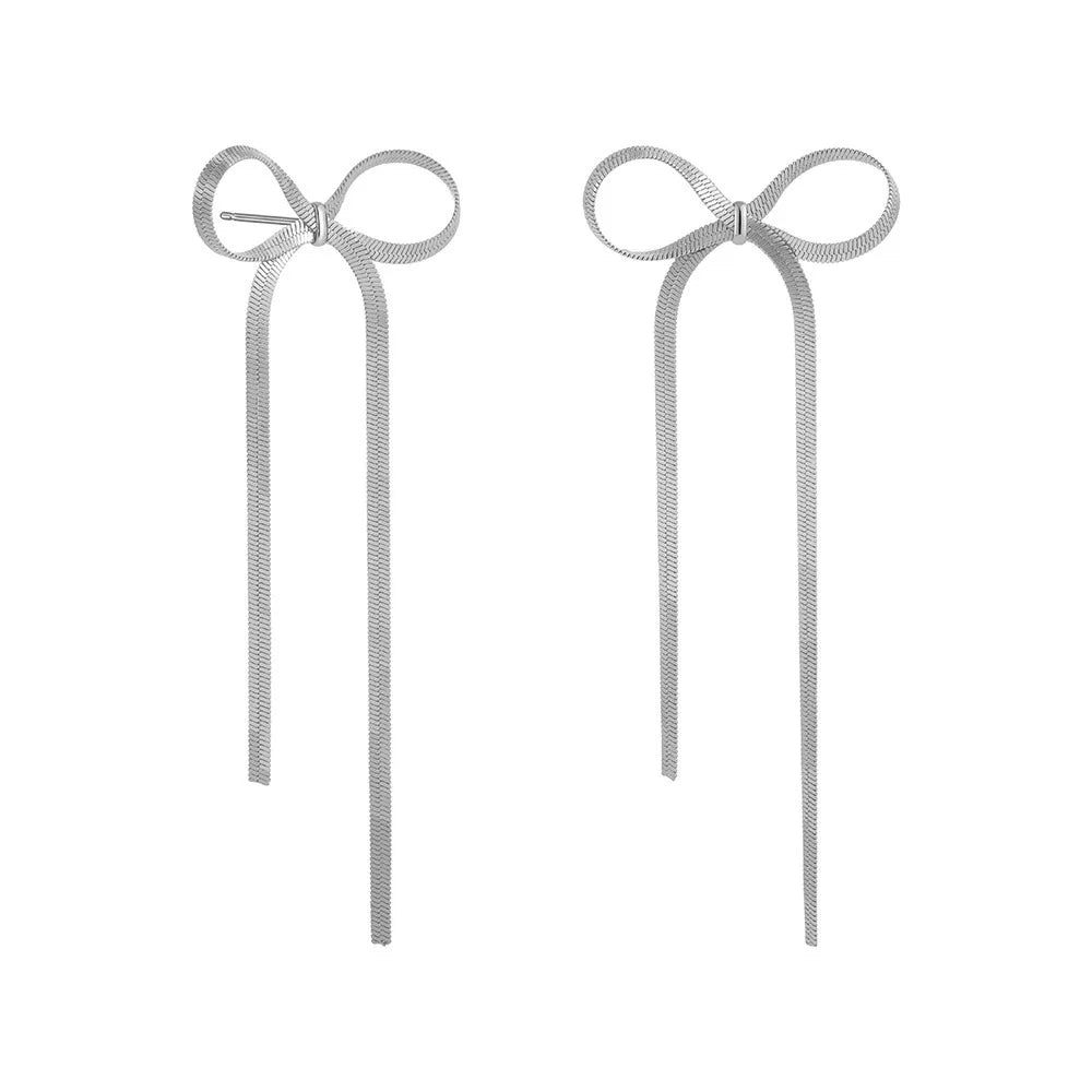 Pendientes largos con lazo y borlas – Joyería de cadena plana para mujer, elegante y original