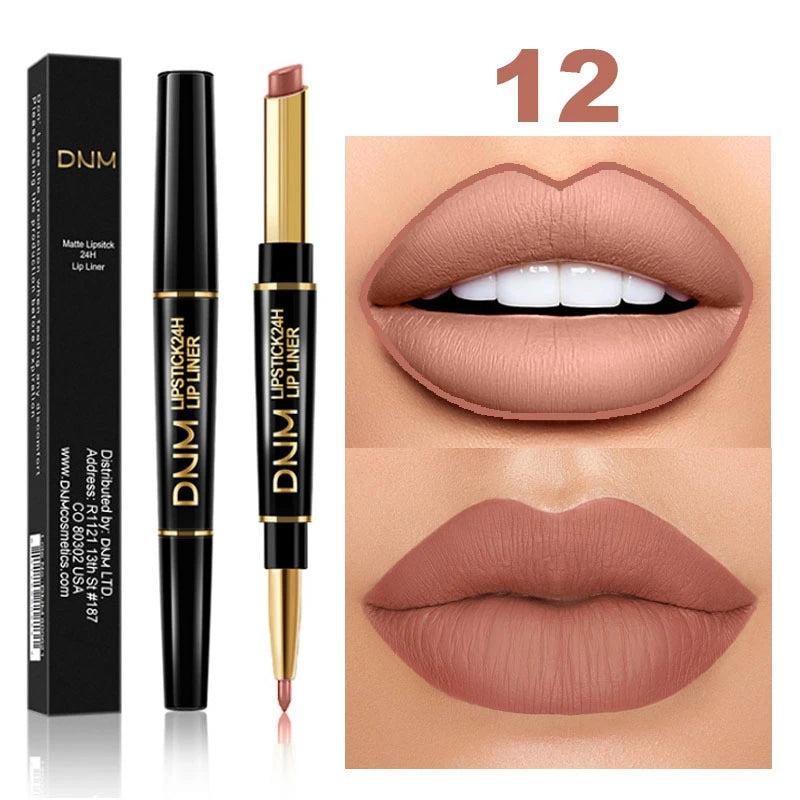 Lápiz Labial Mate 2 en 1 con Delineador – Doble Punta, Larga Duración e Impermeable | Set de 12 Colores DNM