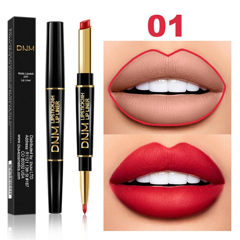 Lápiz Labial Mate 2 en 1 con Delineador – Doble Punta, Larga Duración e Impermeable | Set de 12 Colores DNM