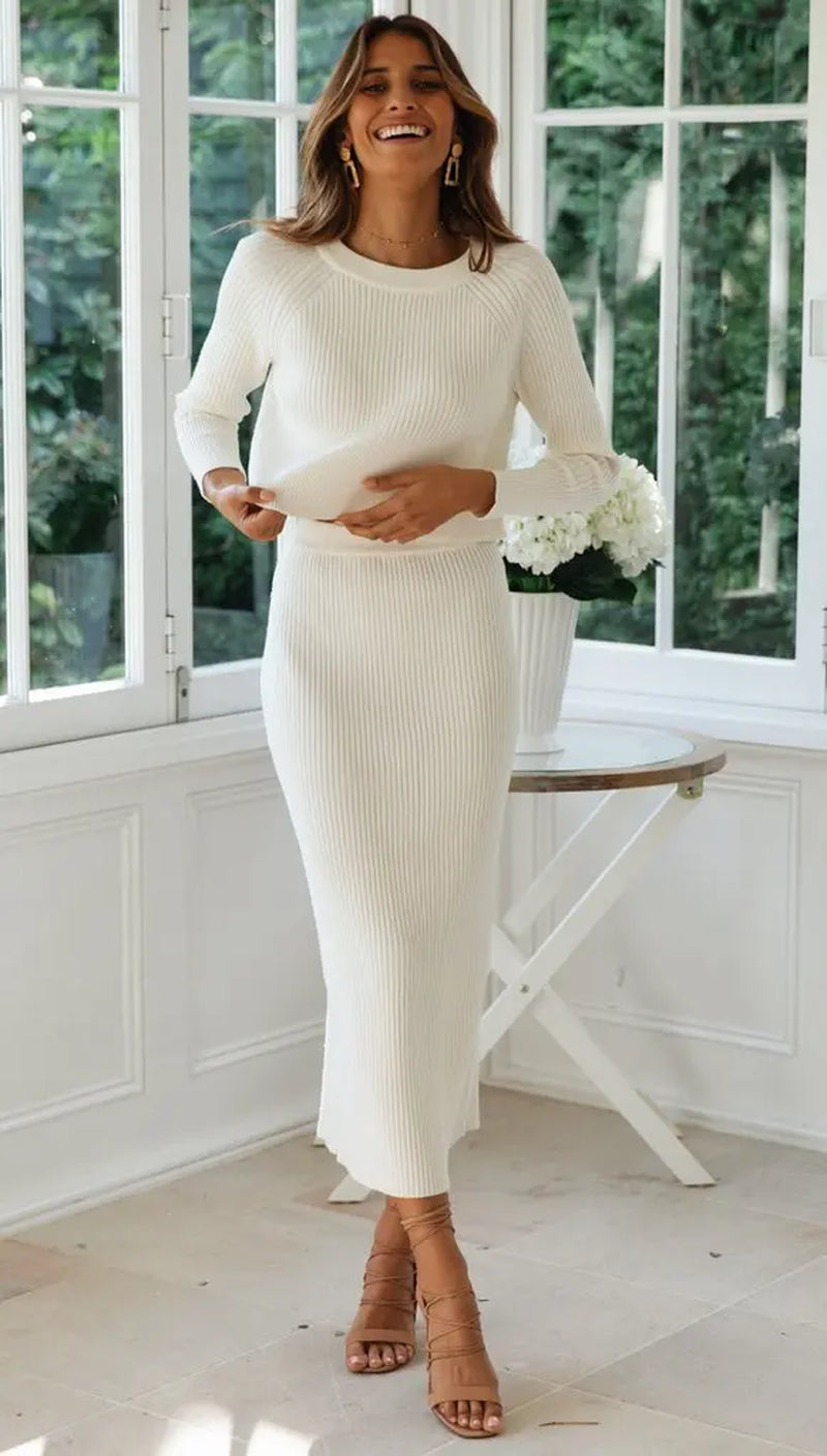 Conjunto de Punto para Mujer 2 Piezas – Suéter y Falda Corta Ajustada, Look Elegante y Cómodo