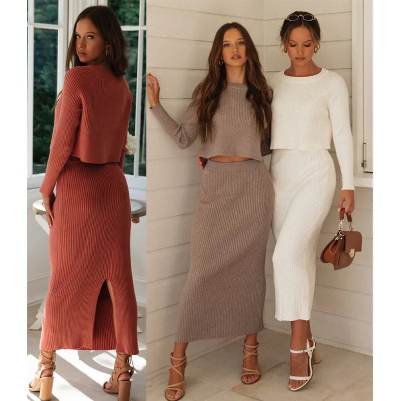 Conjunto de Punto para Mujer 2 Piezas – Suéter y Falda Corta Ajustada, Look Elegante y Cómodo