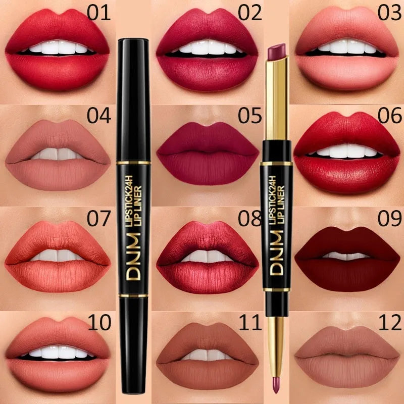 Lápiz Labial Mate 2 en 1 con Delineador – Doble Punta, Larga Duración e Impermeable | Set de 12 Colores DNM