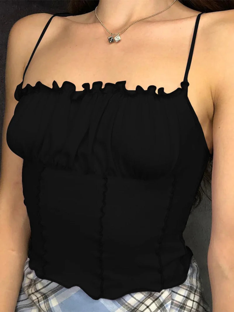 Top Corto Sin Mangas con Volantes – Camiseta Sexy Ajustada para Mujer