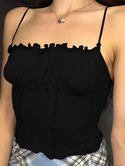 Top Corto Sin Mangas con Volantes – Camiseta Sexy Ajustada para Mujer