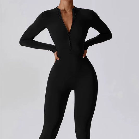 Mono Deportivo para Mujer de Una Pieza con Cremallera – Estilo Atlheisure, Ajuste Moldeador y Manga Larga