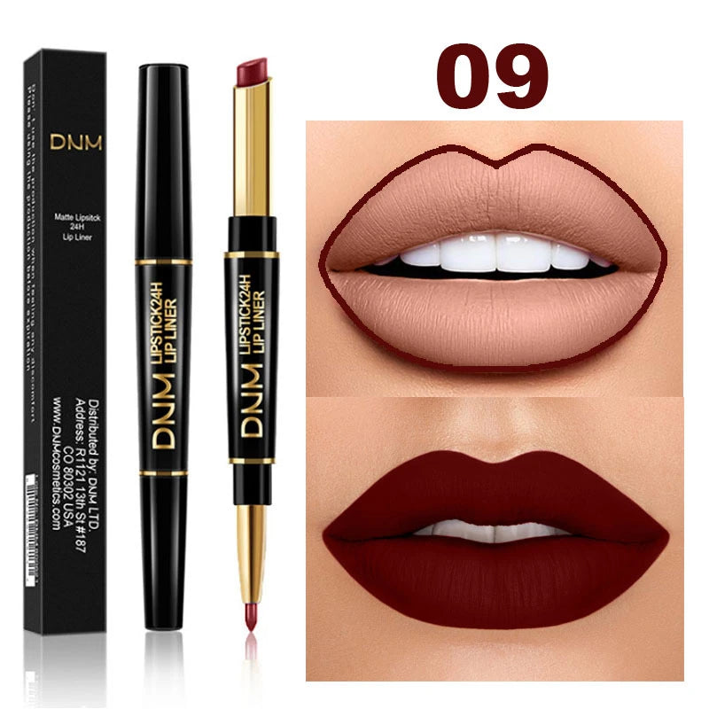 Lápiz Labial Mate 2 en 1 con Delineador – Doble Punta, Larga Duración e Impermeable | Set de 12 Colores DNM