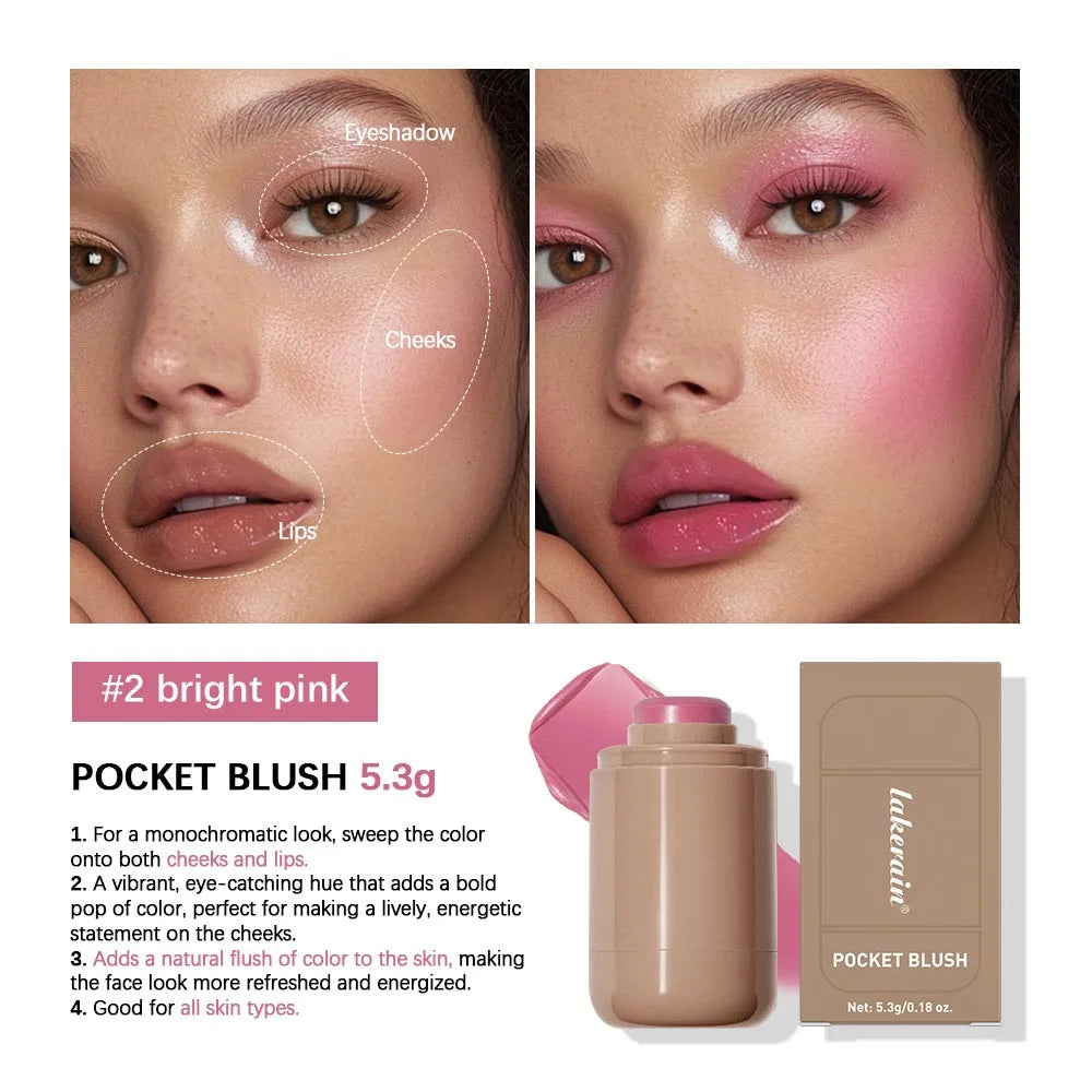 Colorete en Barra 3 en 1 Lakerain – Hidratante, Resistente al Agua y Multifunción para Mejillas, Labios y Contorno