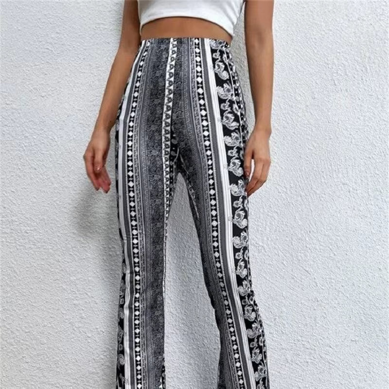 Pantalones Casuales Estampados de Alta Elasticidad – Corte Micro Acampanado a la Moda
