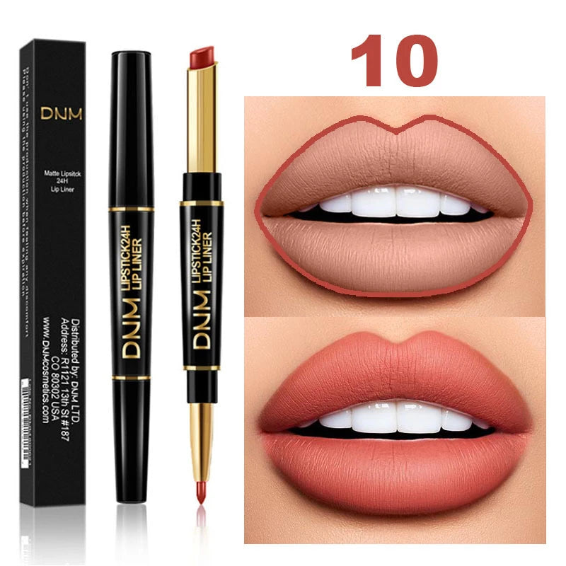 Lápiz Labial Mate 2 en 1 con Delineador – Doble Punta, Larga Duración e Impermeable | Set de 12 Colores DNM