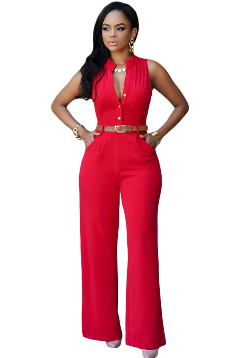 Mono Rojo para Mujer con Cuello en V y Pierna Ancha – Elegante, Sexy y Sofisticado