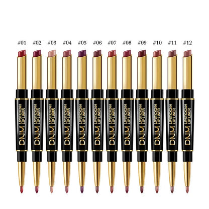 Lápiz Labial Mate 2 en 1 con Delineador – Doble Punta, Larga Duración e Impermeable | Set de 12 Colores DNM