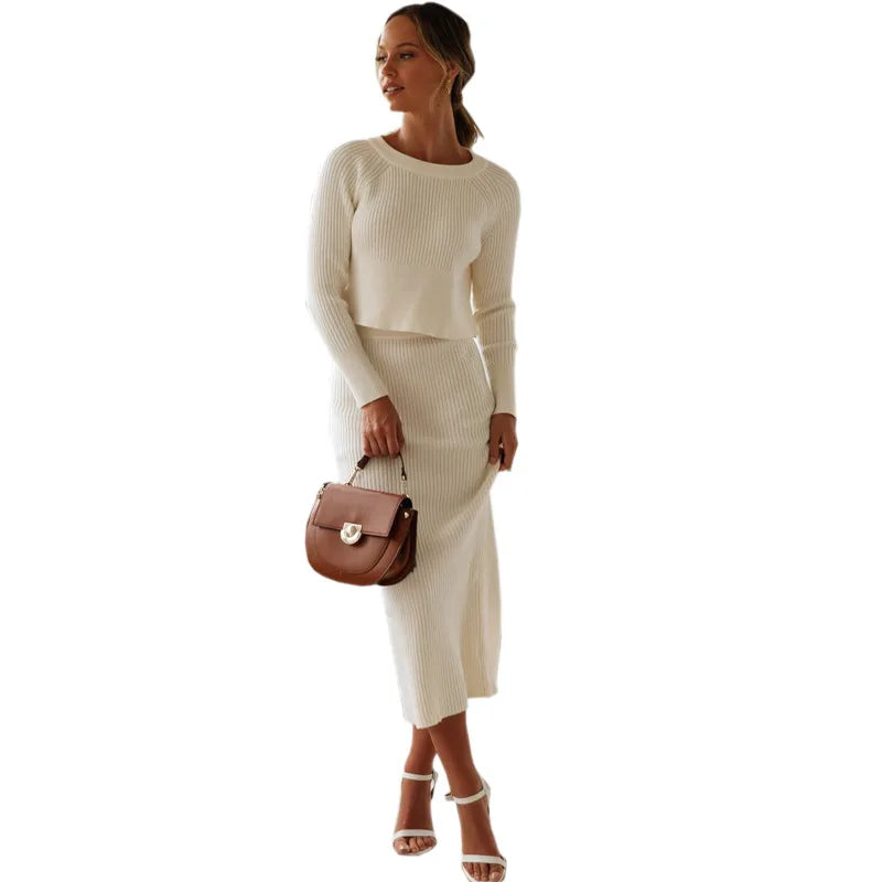Conjunto de Punto para Mujer 2 Piezas – Suéter y Falda Corta Ajustada, Look Elegante y Cómodo